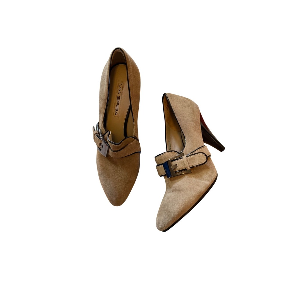 Y2k Via Spiga Tan Suede Black Patent Trim Buckle Pointed Toe Pumps Heels Size 8M